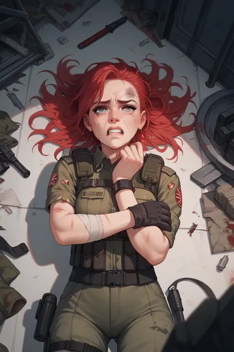 Female character, red haired,  with combat clothes , wound, Hurt,  crying with their hands in front of their faces,  in a destroyed room 