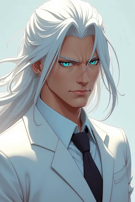 Yujiro Hanma Slightly long white hair with white eyebrows, bright sky blue eyes and white suit 