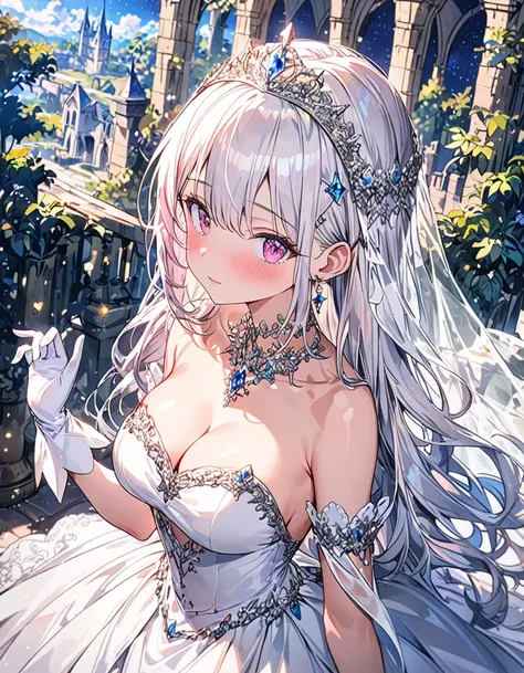 anime girl, solo focus, blushing, detailed pink eyes, very detailed long white hair, long straight hair, detailed hair ornament, detailed jeweled tiara, bridal veil, skin dentation, tall, slim waist, breasts cleavage, perfect hands, long white gloves, deta...