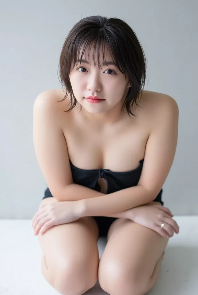 (((Lewd)))、Big Breasts:1.4、(((Half naked))),(((Forehead、 shortcut hair:1.4))) 、 Beautiful nipples、Please generate a topless image of a Japanese woman in her 20s 、 looking at camera 、Exposing thighs、 crouching 