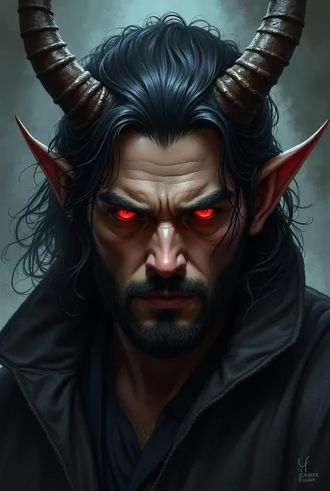 A man with black hair, red eyes, dark olive skin, horns in illustrative fantasy drawing style