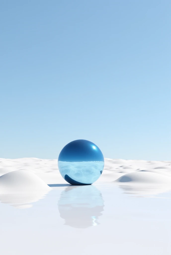 image of a polished metallic blue metal sphere reflecting the simple horizon on white sand in a desert between several small dunes, The sphere is on the extreme left side of the image and reflects sunlight intensely , light refraction effect on the camera ...