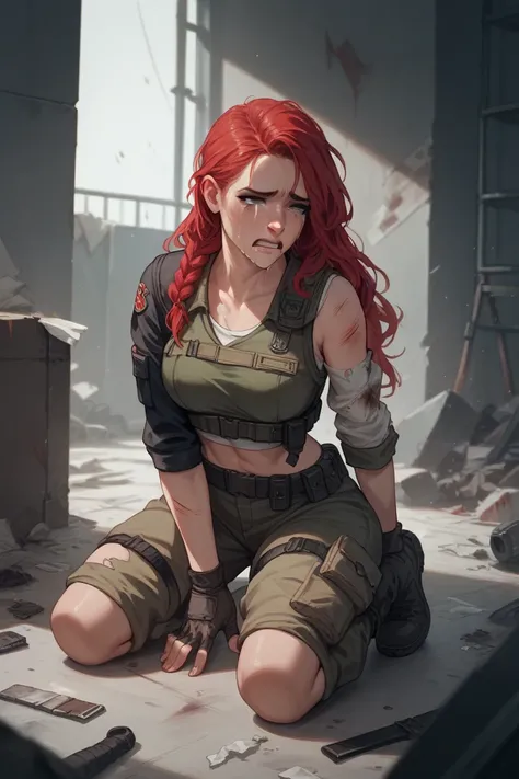 Female character, red haired,  with combat clothes , wound, Hurt,  crying with her hands in front of her face, Kneeling in a destroyed room