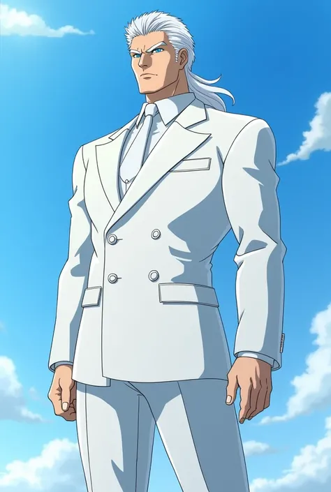 Yujiro Hanma Slightly long white hair with white eyebrows, bright sky blue eyes and strong white suit 