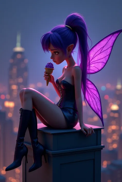 Pixar. The Purple Fairy in a leather mini skirt, corset and purple high-heeled boots. Sadness. She is sitting sad with a isecreem on the roof of a high-rise building. the lights of the night city. digital art. fantasy art.