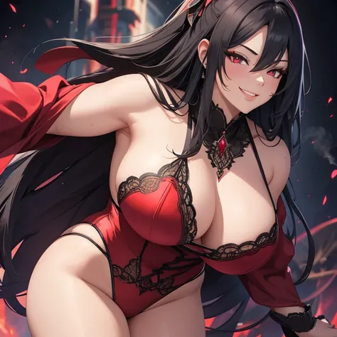 A beautiful evil lady leader with deep red eyes, wearing sexy panties, gazing condescendingly at the viewer with a cute grinning expression, extremely detailed and realistic, masterpiece quality, ultra-detailed, HDR, studio lighting, vivid colors, physical...