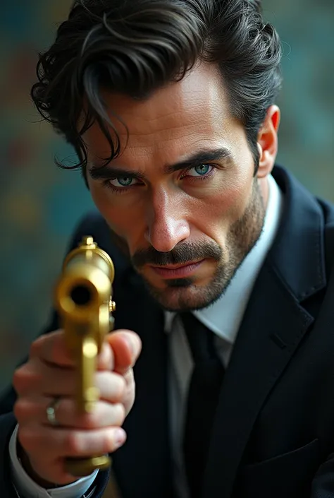 Book cover: handsome Russian man with blue eyes and black hair holding a golden gun with a smile the title of the story is "the boss"