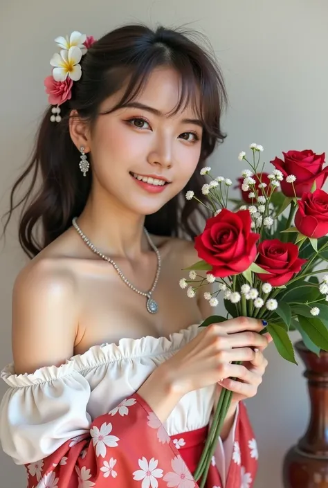  Japanese women,  model , photograph、Detailed image quality、 fine details、Genuine、smile、 highest image quality taken by Ki、8k, necklace、Earrings,