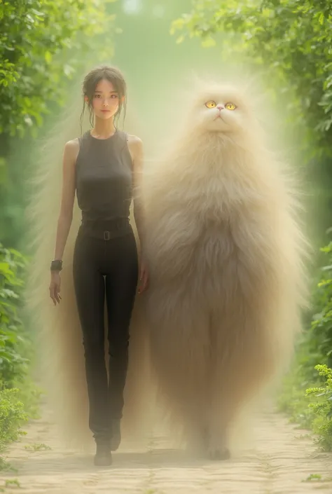 A woman dressed in black casual and walking alongside a very giant angora cat walks together
