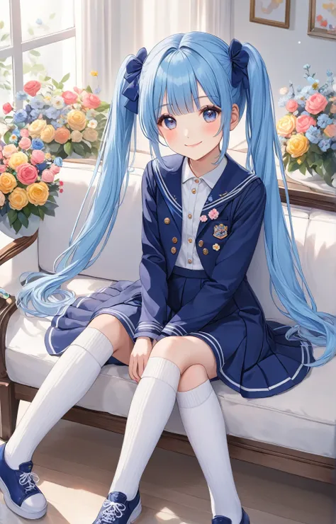   High Quality  　 long light blue hair 　  cute girl with twin tails  　smile　  is sitting on the sofa wearing white socks 　  bright room　 Lots of flowers are displayed  　Navy blue costume