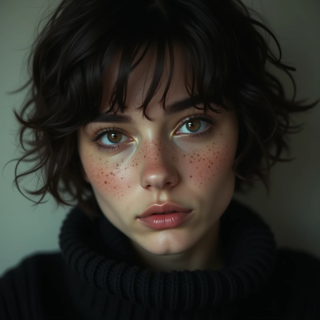 Beautiful woman with short black hair and hazel eyes, pale skin and freckles, wearing a black sweater, her facial features close to the screen