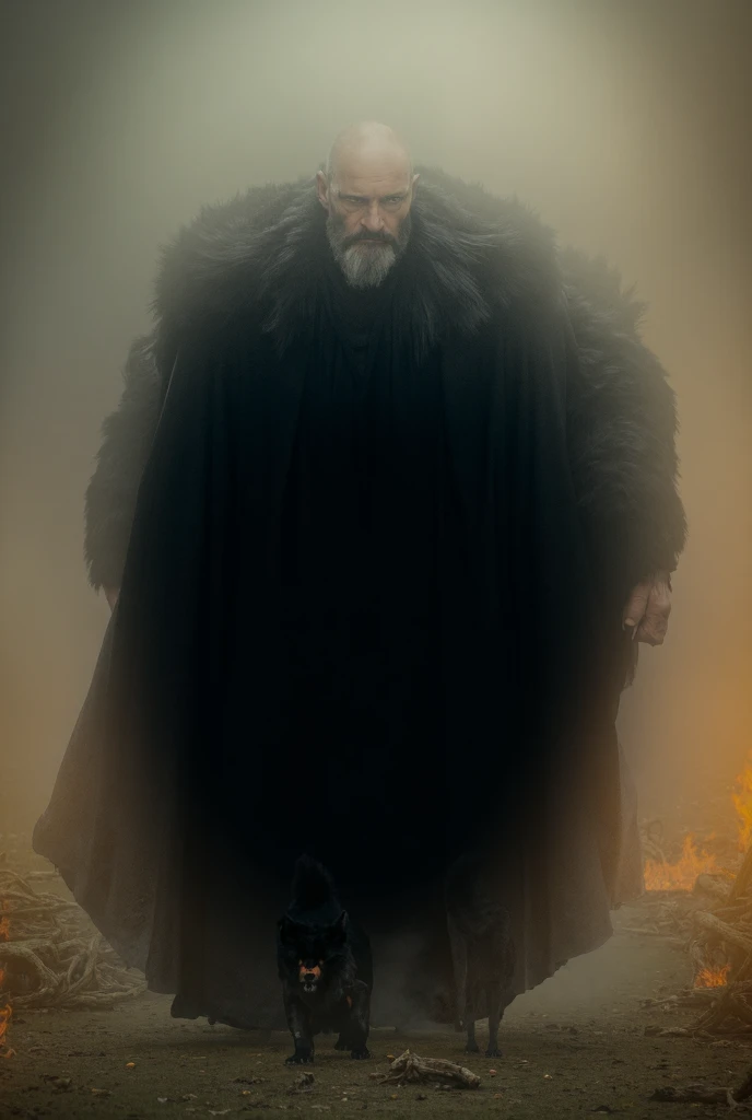 A handsome cool guy wearing a long black robe walks with a big wolf giant black fur thick eyes red teeth Professional living forest fire  , 4k, HD, UHD, 8K,  High detail , ultra definition 