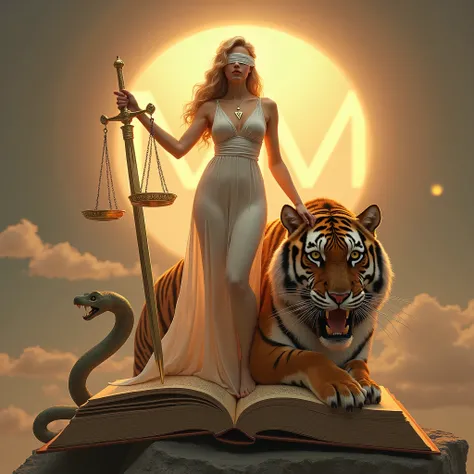  The Goddess Themis of Justice,  with a curvaceous body and showing her wide hips , and sturdy legs ,  and with long, wavy gold-colored hair , and wearing a white dress , and with soft and smooth skin ,  with the other hand and holding a long sword , and h...