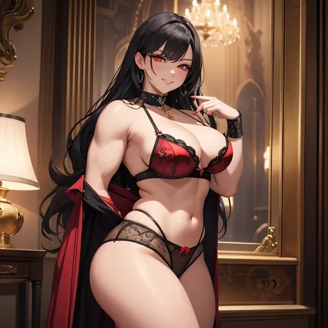 A beautiful evil lady leader with deep red eyes, wearing sexy panties, gazing condescendingly at the viewer with a cute grinning expression, extremely detailed and realistic, masterpiece quality, ultra-detailed, HDR, studio lighting, vivid colors, physical...