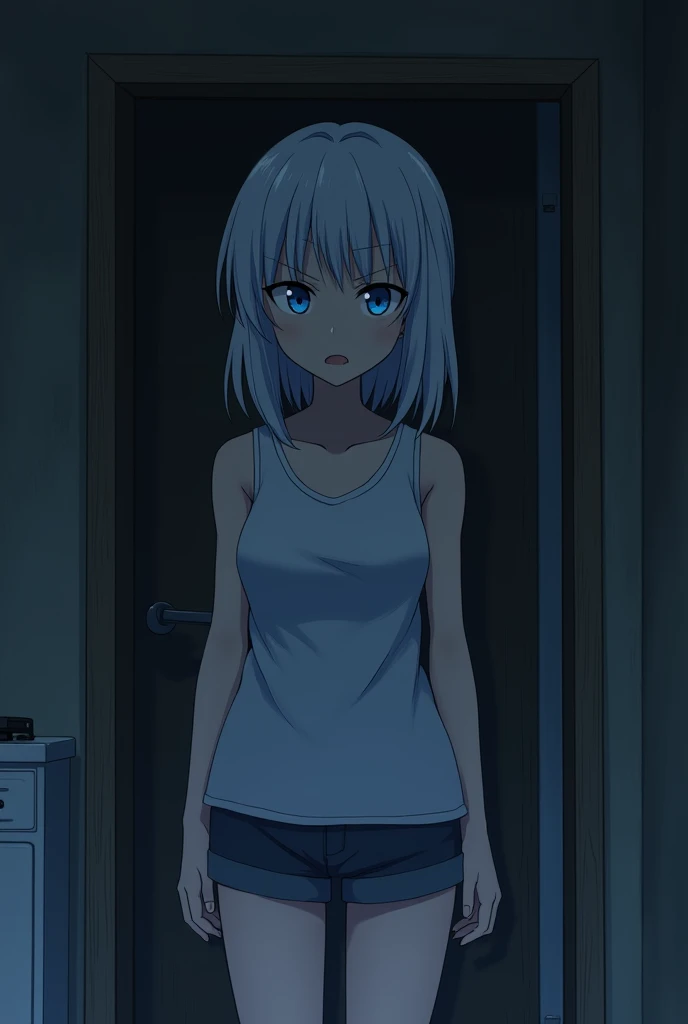 1girl, night time, dark, kitchen doorway, scared, widened eyes, fear, full body, white hair, blue eyes, smooth skin, tanktop, shorts, anime style
