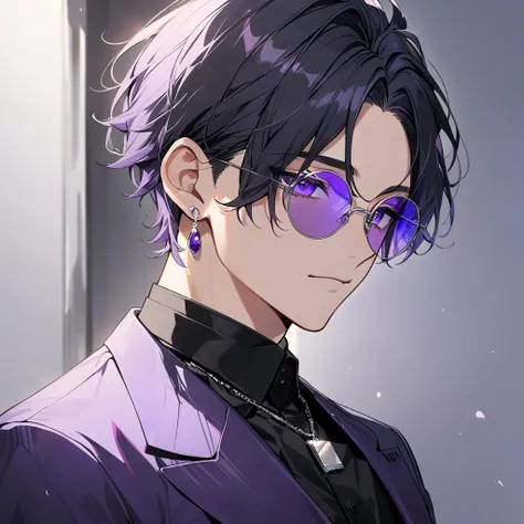 1man, 19 years old, Short Hair, Black Hair, purplel Eyes, Silver Earrings, Closed Mouth, Wearing Black Formal Shirt,High quality, Silver Pendant, Wearing Round Sunglasses, Purple Glasss Lenses
