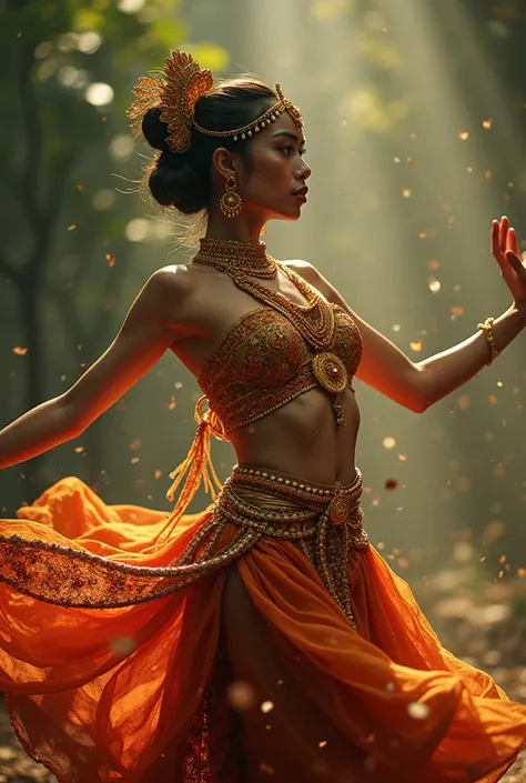 Image in a smooth curve mesh line motif. Art of beautiful Indonesian female dancers wearing sexy traditional clothing dancing the peacock dance with dynamic movements, Kalimantan wilderness background. Intricate Mesh Bezier Curves Art effect, Sparking. Gli...