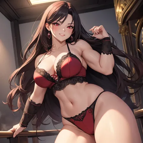 A beautiful evil lady leader with deep red eyes, wearing sexy panties, gazing condescendingly at the viewer with a cute grinning expression, extremely detailed and realistic, masterpiece quality, ultra-detailed, HDR, studio lighting, vivid colors, physical...