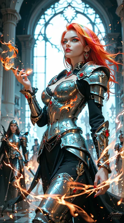 masterpiece， Best Quality ， High Quality ， darkness，beauty， black magic， Mystery，Fierce， Fiery Hair，Valeria ，armor，Fire Magic， Unforgettable 