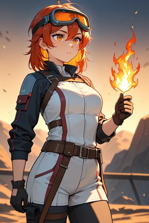 solo,female,medium hair,tomboy,Fire Genasi,Artificer,armorer,wearing goggles,amber eyes