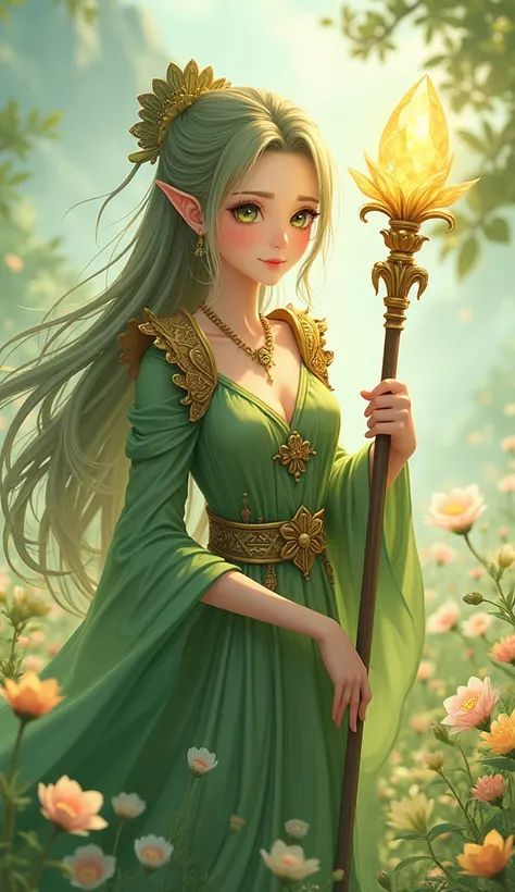 A graceful anime maiden with nature-inspired armor in shades of green and gold. She holds a glowing staff topped with a crystal flower. Surrounded by a field of blooming flowers, her calm expression reflects wisdom and kindness. Ultrarealistic details in h...