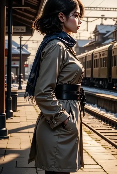 woman、 trench coat and scarf、Alone at the station 、 leaving town 、winter evening、A train is coming into the platform、