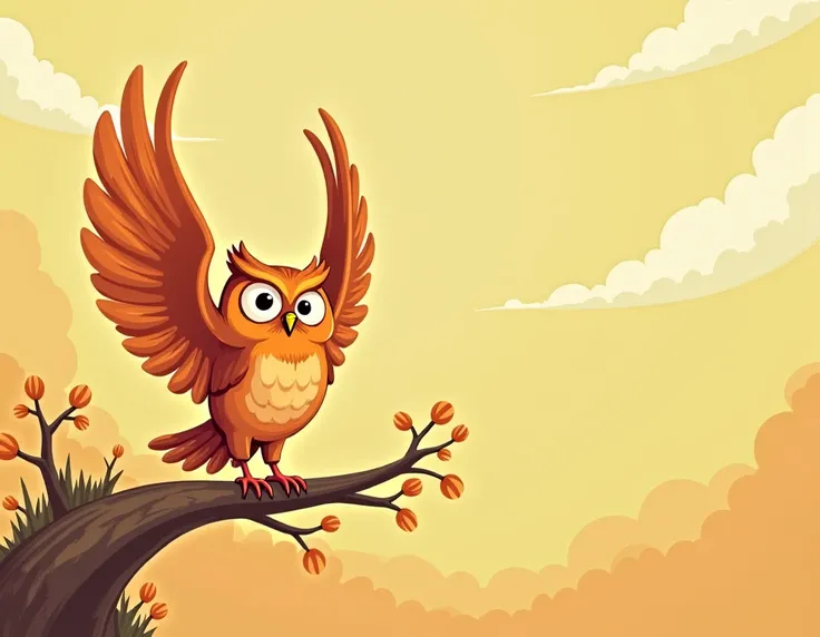 "An illustrated orange owl with a cheerful expression, sitting on a branch, begins to raise its wings halfway upward. The wings are wide, detailed, and dynamic, lifting naturally as if in preparation to stretch. The owls body remains steady and balanced on...