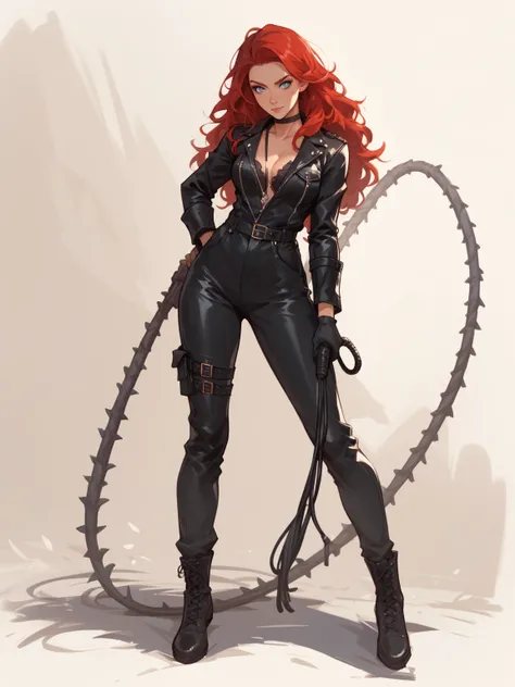 Dominatrice, young woman with black leather jumpsuit, red hair, gray blue eyes, medium height, she holds a high-tech a long thorny whip, sketch, Arthur Adams style