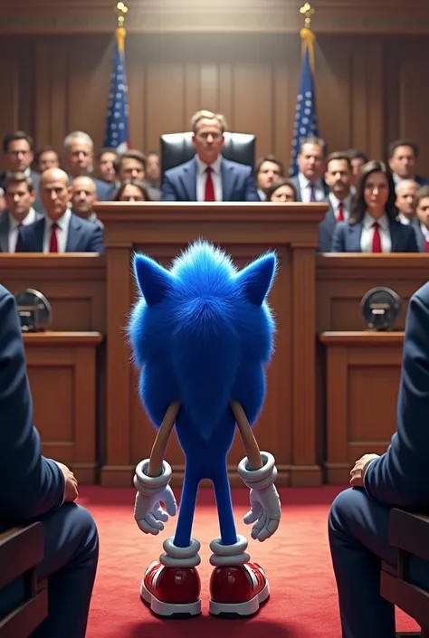  Sonic the hedgehog in a trial testifying,  in the trial is a lawyer , judge, The jury and the public . 