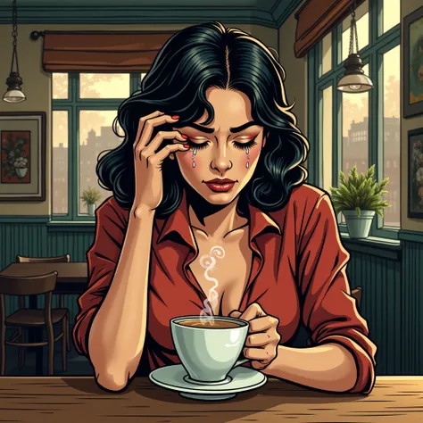 From a vintage romance comic - a woman is crying while sitting alone in a coffee shop, vintage comic style, 