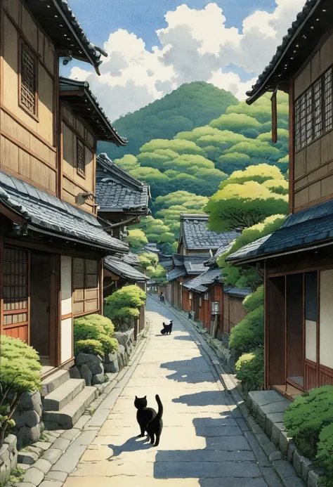  teeth、 depicts a street scene with people walking down the street,   Japanese Street where black cats stand, , Japanese Village, Japanese cities, Inspired by Kawase Hasui, hiroya oku painterly, Japanese countryside, Japanese painting style,  detailed land...