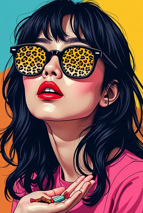  digital design pop art Andy Warhol sunglasses on an asymmetrical womans face,The surface of the sunglasses shows a playful Osaka person in a leopard print costume to make people laugh  、 Andy Warhol style art design, DIGITAL PAINTING, Bright colors、( hip ...