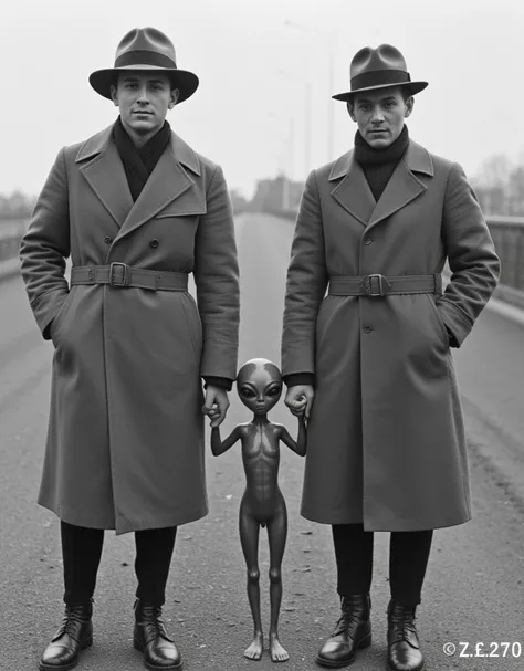 Two men wearing trench coats, hats and scarves, little grey alien, Two men wearing trench coats and hats stand side by side holding hands with an alien, grey alien in the middle, extraterrestrial life form, captured alien. Two men in trench coats and scarv...