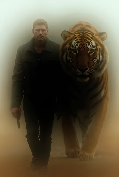 A man wears a black jeans jacket and black jeans and walks along with a giant tiger and walks along by facing the camera 