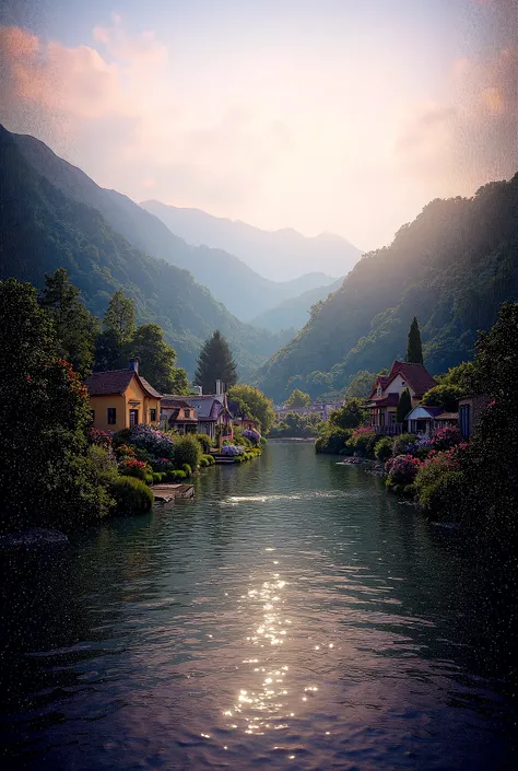 a small village by the river, mountains in the background, floral flowers colorful, detailed landscape, Beautiful natural landscapes, atmospheric lighting, scorching sunset, warm colours, practical, photopractical, Detailed Foliage, complex buildings, cobb...