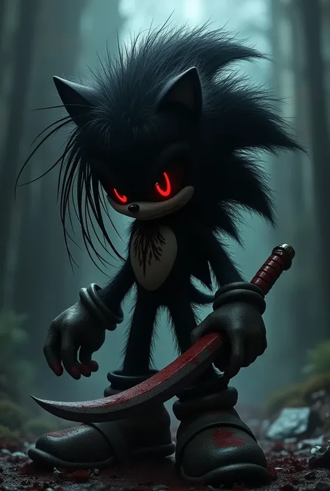 Sonic exe has very long hair with a sword of torture behind it. He has black eyes and red pupils 