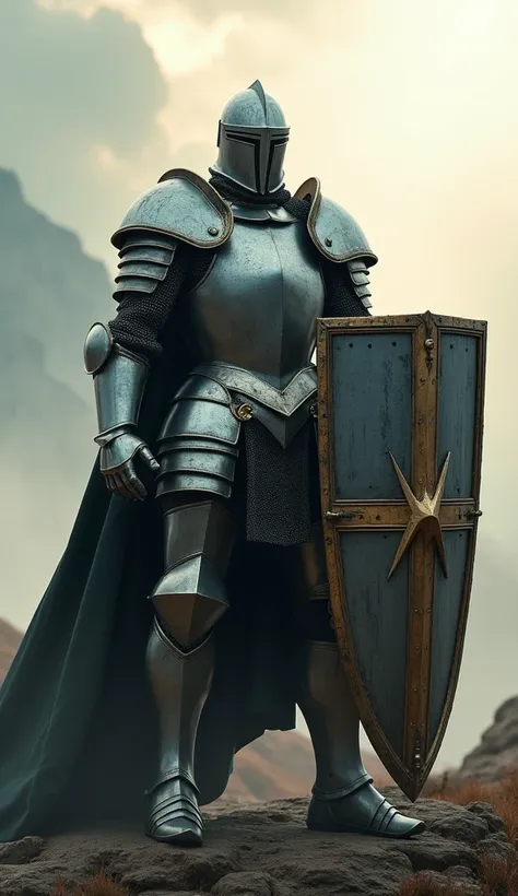 A full-body image of a muscular adult male knight clad in heavy, full-body metal armor, including a fully enclosed helmet with a visor. He wields a massive, square-shaped shield, intricately designed with battle-worn textures and metallic accents, exuding ...