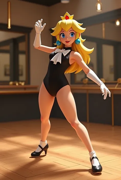 Princess peach in a black leotard, bow tie, white gloves, and shiny black tap shoes, in a dance studio