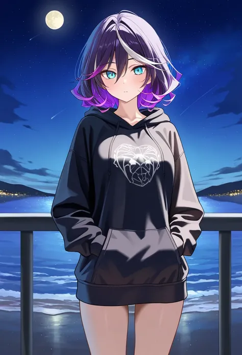 score_9,score_8_up,score_7_up,rating_safety,source_manga,masterpiece,best quality,hyper detailed,super fine illustration,8k,break 1girl,19yo,purple hair,bob,light blue eyes,(medium breast:0.9),black hoodie,T-Shirts,holding_Libra,standing,break (outside:1.3...