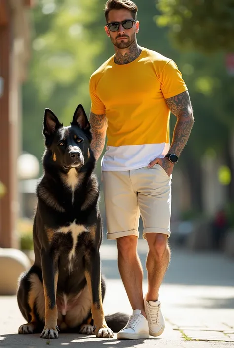 Photo of clean white handsome guy wearing tattooed body sunglasses wearing yellow white t-shirt shorts sneakers shoes posing with big dog 