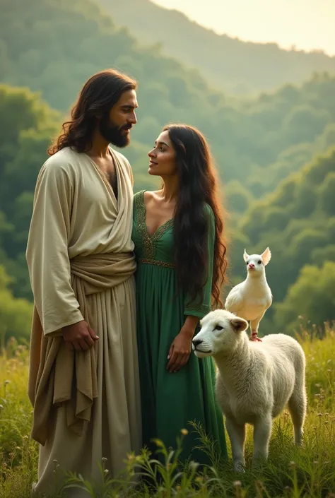 a photograph of Jesus and a long black hair woman wearing green with one lion , one lamb and one white dove at the green valley Standing and smiling