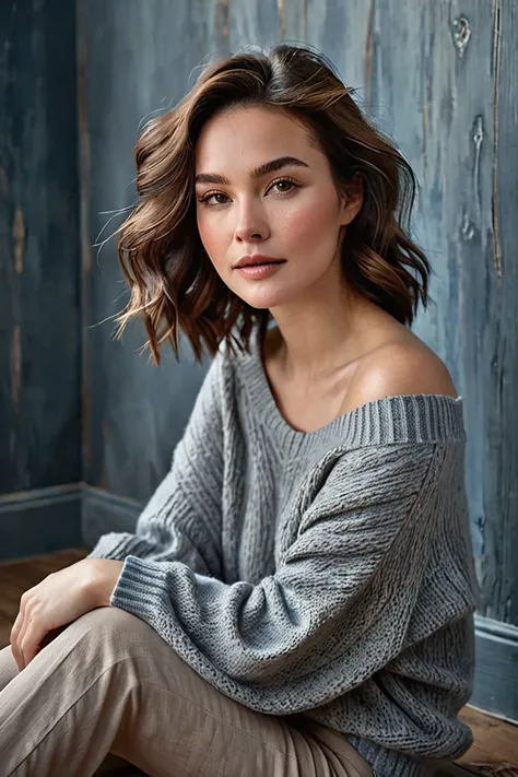 Create an intimate and artistic portrait of a woman seated on a wooden floor against a textured, muted blue-gray wall. She has wavy brown hair framing her face naturally. She wears a loose-fitting, off-shoulder gray sweater that exudes a casual and relaxed...