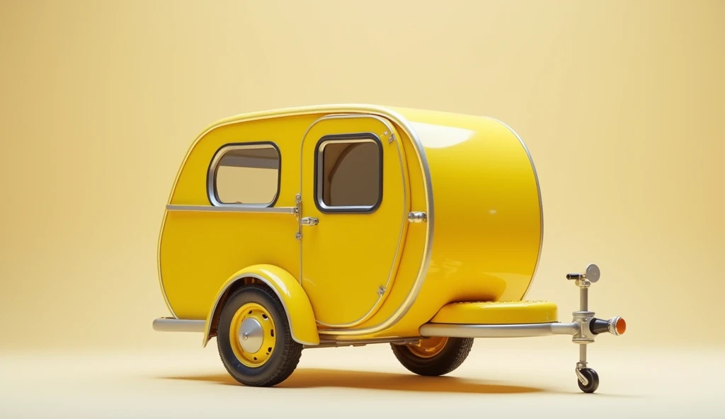 Create picture of centred front tricycle camper yellow colour parked studio 