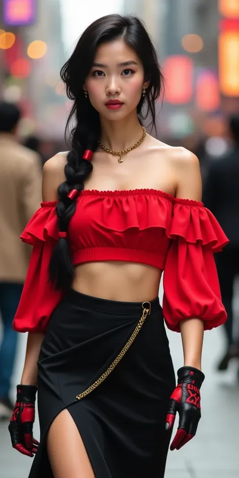 A young Asian woman, positioned slightly off-center to the left of the frame, is depicted in a dynamic, slightly stylized fashion.  She has long, dark black hair, styled in a braid adorned with red accents, and expressive brown eyes.  Her complexion is fai...