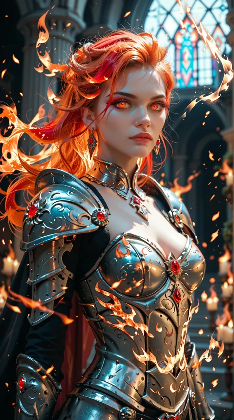 masterpiece， Best Quality ， High Quality ， darkness，beauty， black magic， Mystery，Fierce， Fiery Hair，Fiery Eyes，Valeria ，armor，Fire Magic， Unforgettable 