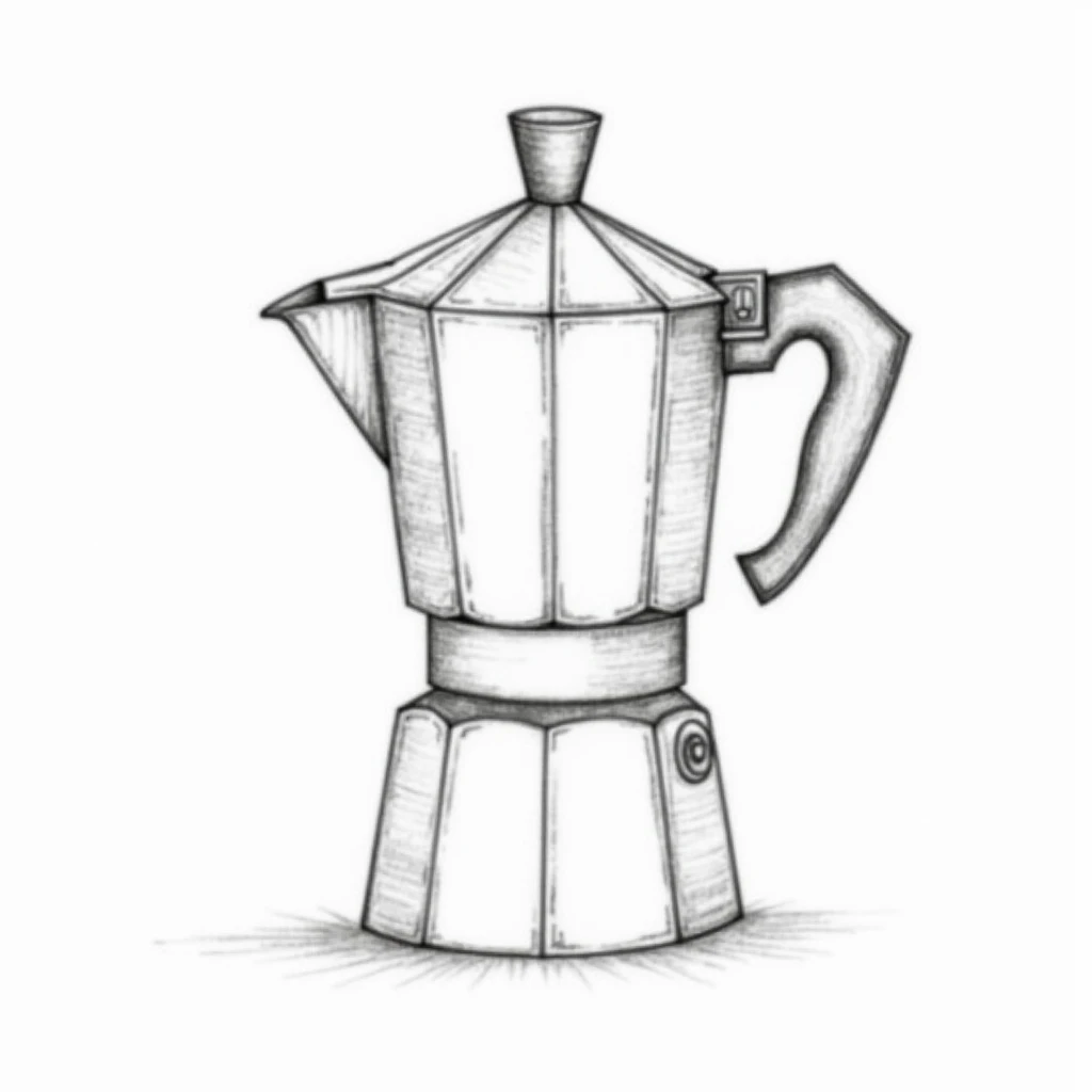 Create a sharp black and white pencil line Mokapot coffee pot image for coffee shop sign design 