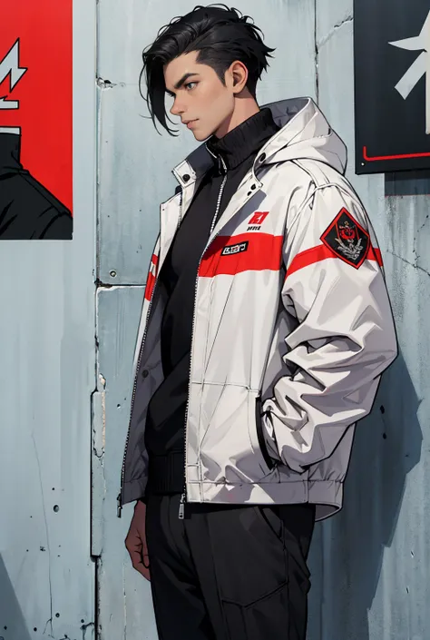   a young man with slightly wavy black hair ,  with a casual and modern cut .  Your expression is confident and determined ,  looking slightly from the side .  He wears a black jacket with prominent red details,  x} that include lines and symbols in differ...