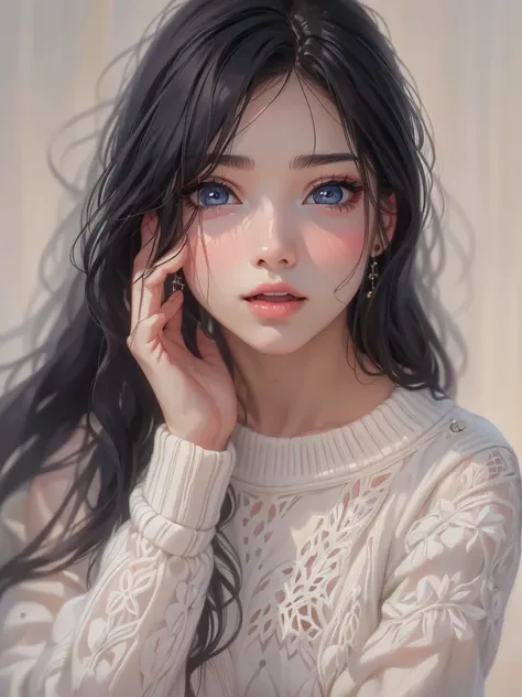 Hyper-realistic,photorealistic,a beautiful young girl, 15歳、detailed face, long black hair, wearing a thin オフショルダーのwhite sweater, 立って、 amazing high definition painting