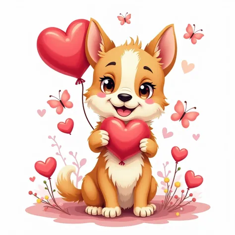 A cute dog holding a love shape balloon Clipart, valentine vibe, cute eyes, smiley face, butterflies all around and flowers, cute and adorable, highly detailed, outline, on white background, 