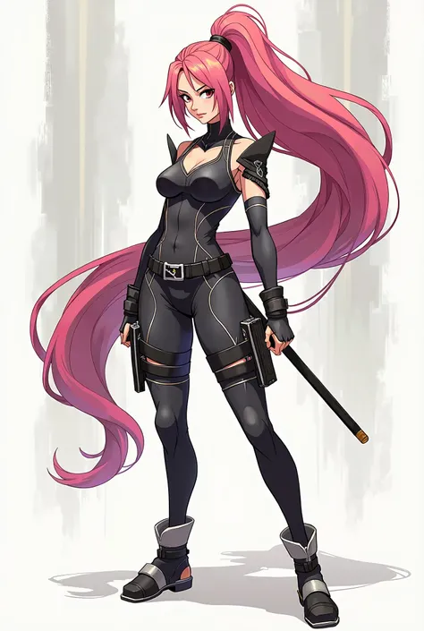 Anime model sheet, anime concept art, multiple views, turn around, A pose, woman, long ponytail hair, gradient colors hair, standing in A pose, kunoichi